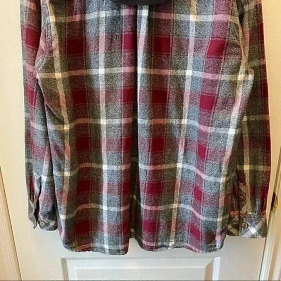 KOLBY Mens Flannel Shirt Button Up Shacket Hoodie Burgundy Grey Plaid Large - Picture 11 of 16